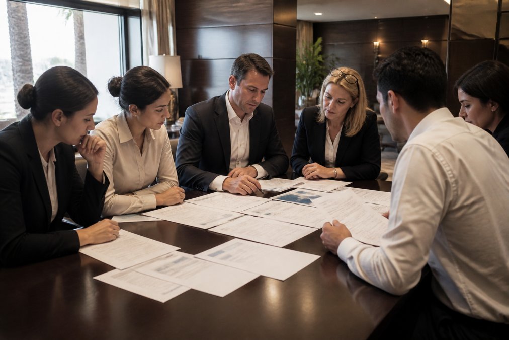 Hotel management team in a conference room reviewing incident response procedures and cyber security documentation during a structured planning meeting, with printed protocols and security diagrams on the table