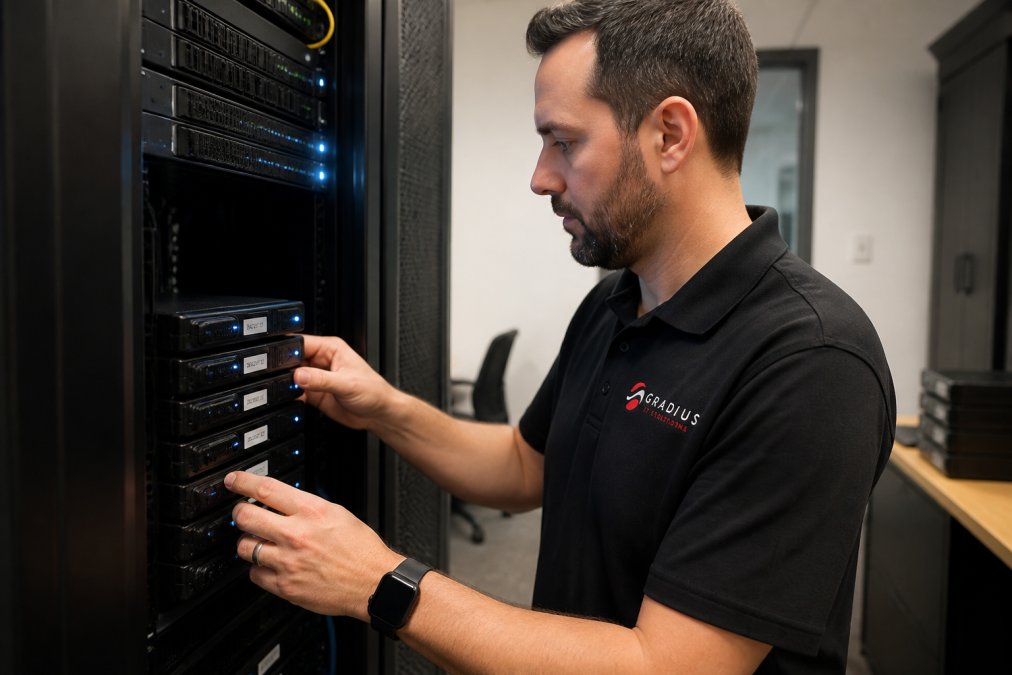 Ransomware Defense for Small Business Networks 1 An IT professional in a small office server room checking a stack of labeled backup drives connected to a server rack, with soft blue LED lighting