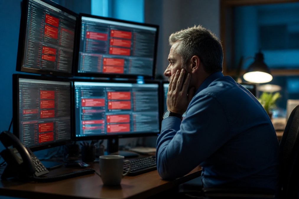 Hotel IT administrator at desk monitoring multiple security alert screens, red warning notifications appearing across monitors, concerned expression visible in dim office lighting