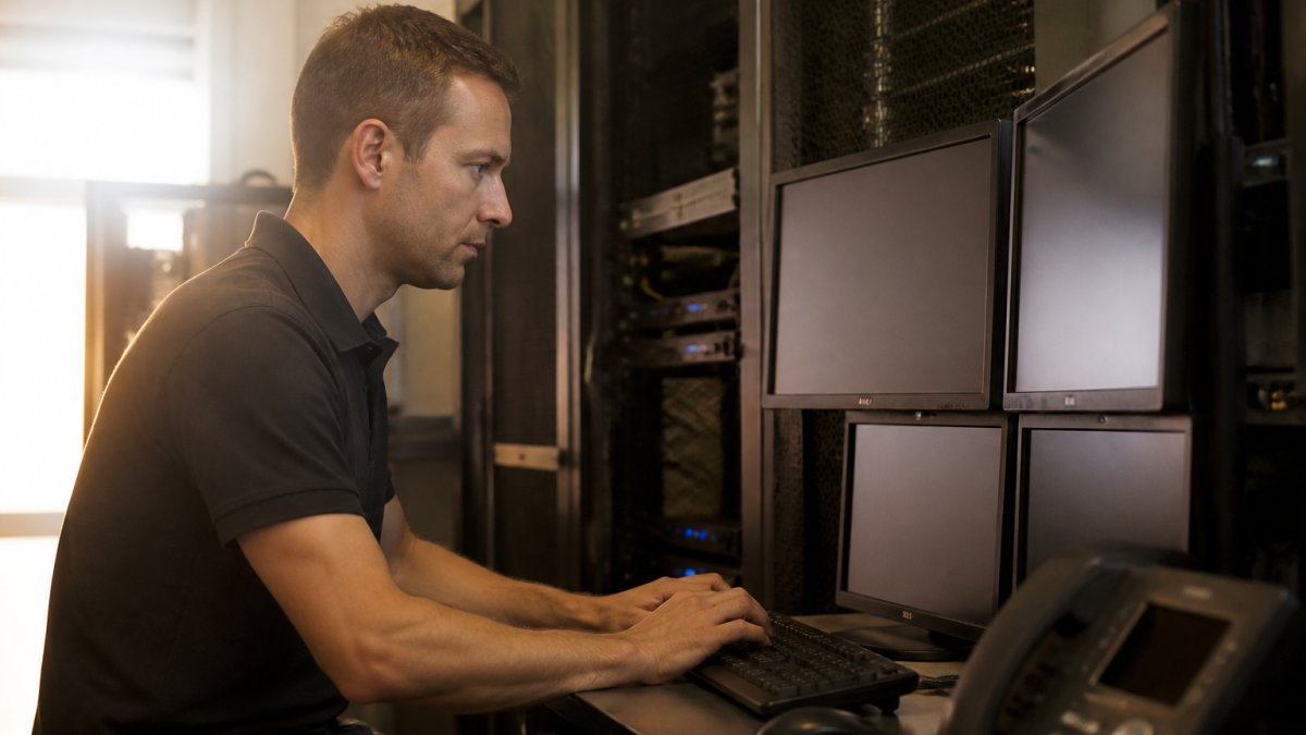 Professional IT specialist working at computer terminal in hotel server room, hands on keyboard, monitoring network alerts and system status on multiple screens with focused concentration