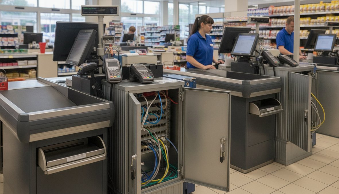 Mitarbeiter an einer Kasse in einem modernen Laden als Teil vom Ransomware Schutz für Kassensysteme im Handel.
