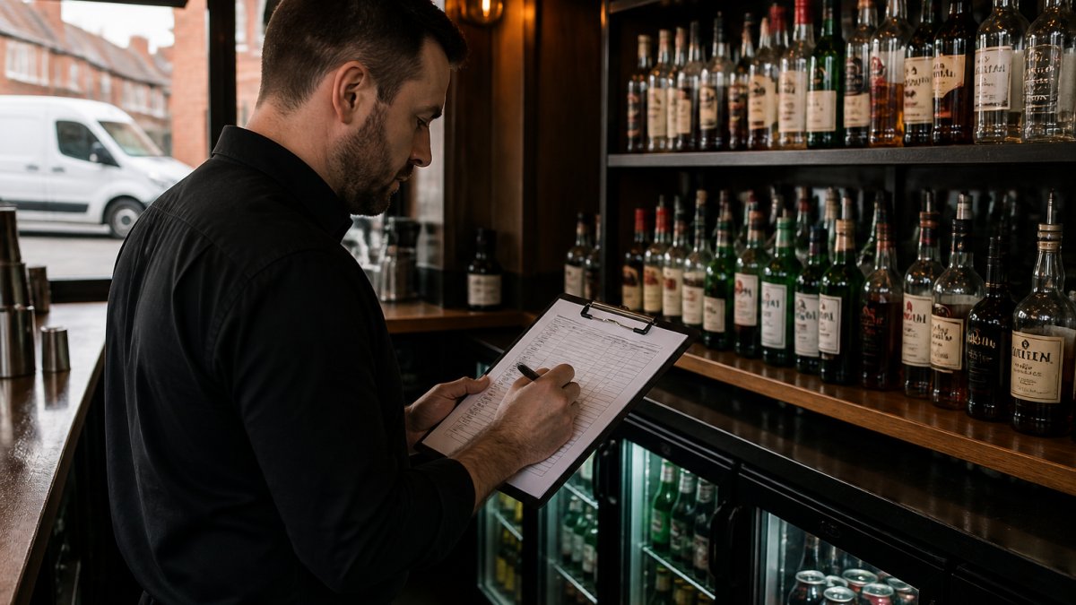 Bar manager using a clipboard to conduct a weekly stocktake of spirit bottles and beer in a pub