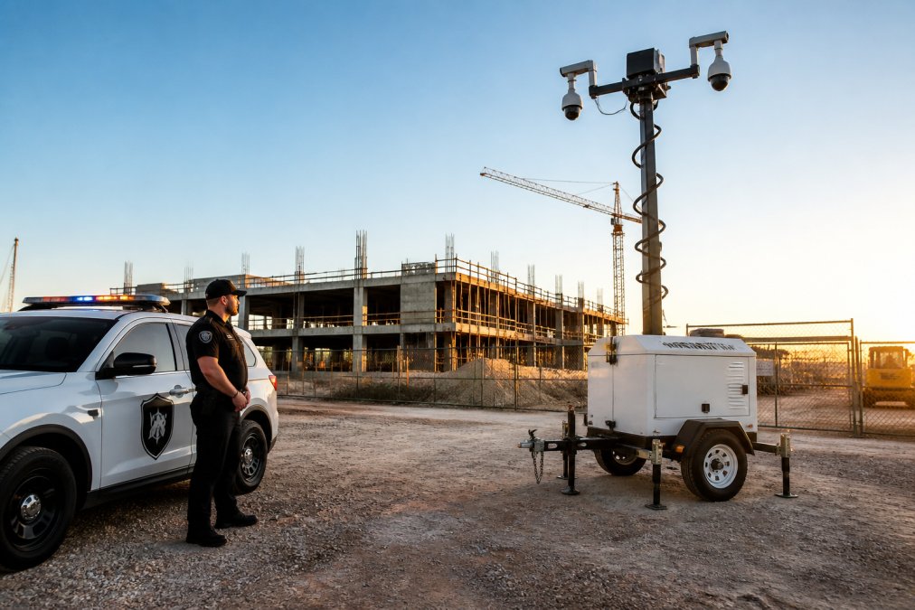 A white surveillance trailer with multiple cameras mounted on a pneumatic mast, positioned at the gravel entrance of a commercial construction site, security officer in a marked vehicle nearby, late afternoon light