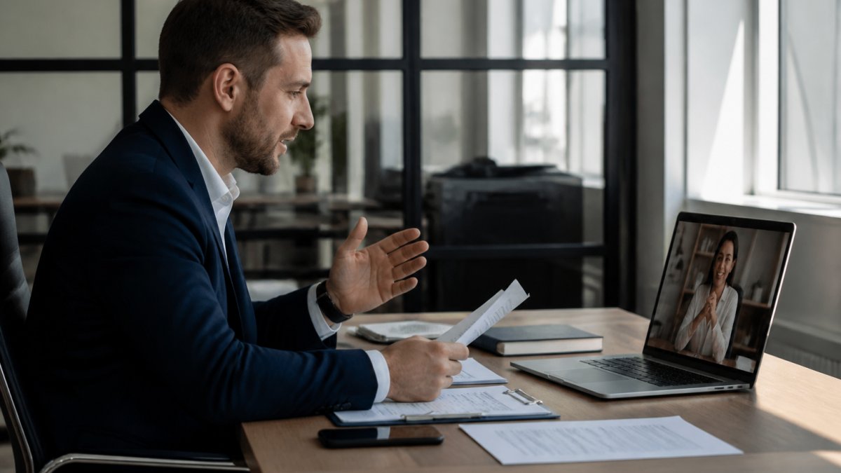 Business professional at desk reviewing loan documents with laptop and phone, actively communicating with lender through video call in modern office with natural window lighting