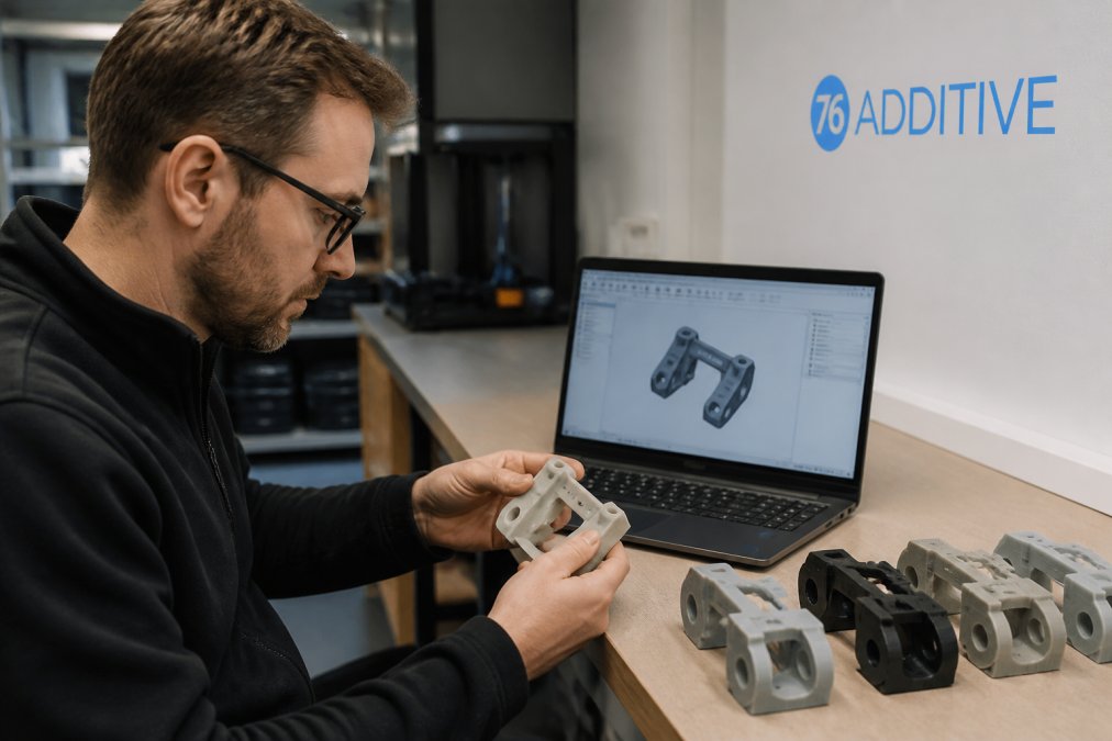 Engineer examining a 3D printed component in a rapid iteration cycle process diagram alongside CAD software.