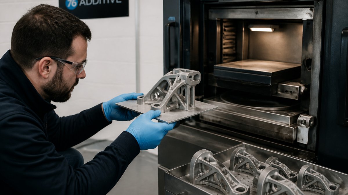 Engineer wearing safety gear removing an aerospace bracket from a rapid prototyping industrial 3D printer