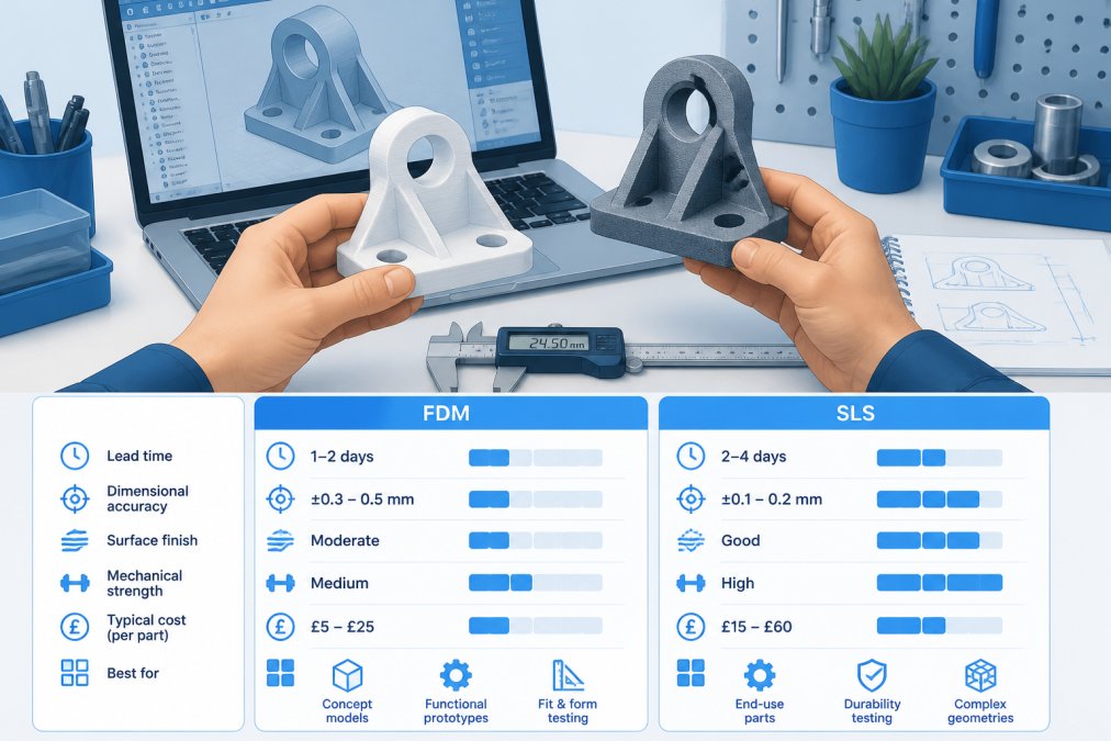 Engineer comparing smooth and textured rapid prototyping components on a workbench with CAD software visible