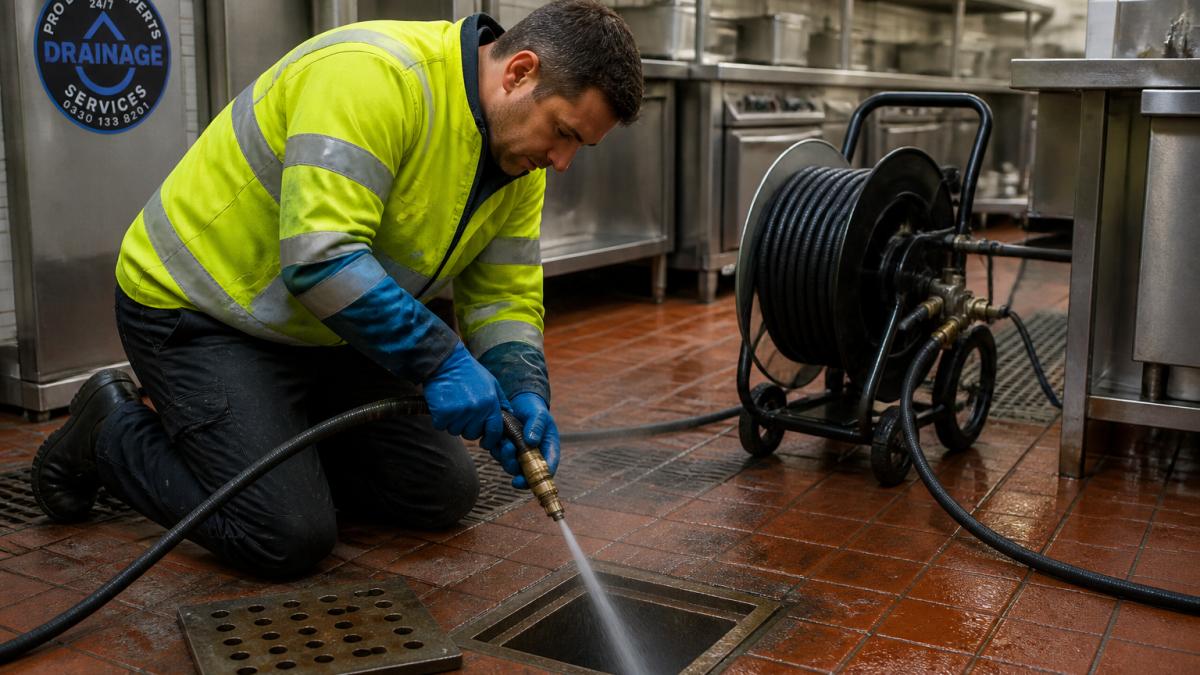 Professional drainage engineer in high-visibility clothing operating high-pressure water jetting equipment on a commercial kitchen floor, with stainless steel pipes and professional equipment visible in the background