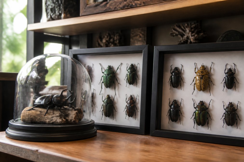 Framed rare beetle specimens and a rhinoceros beetle in a glass dome displayed on a wooden shelf in sunlight.