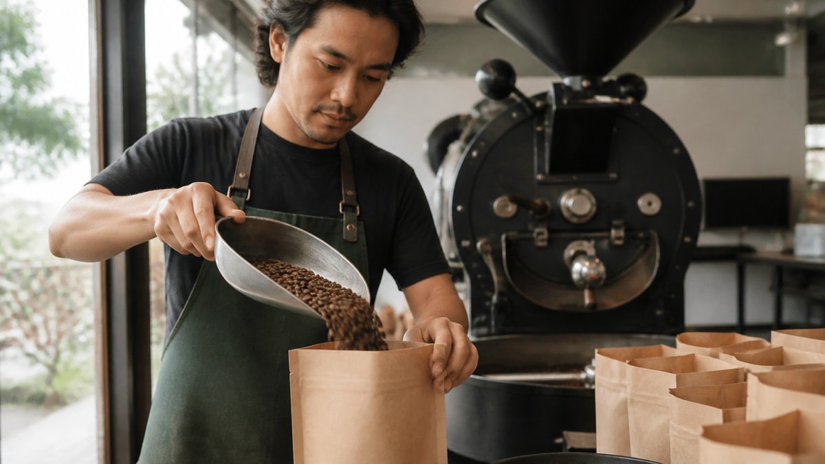 Close-up of freshly roasted coffee beans being poured into kraft paper bags by a roaster's hands, with roasting equipment and warm overhead lighting in the background
