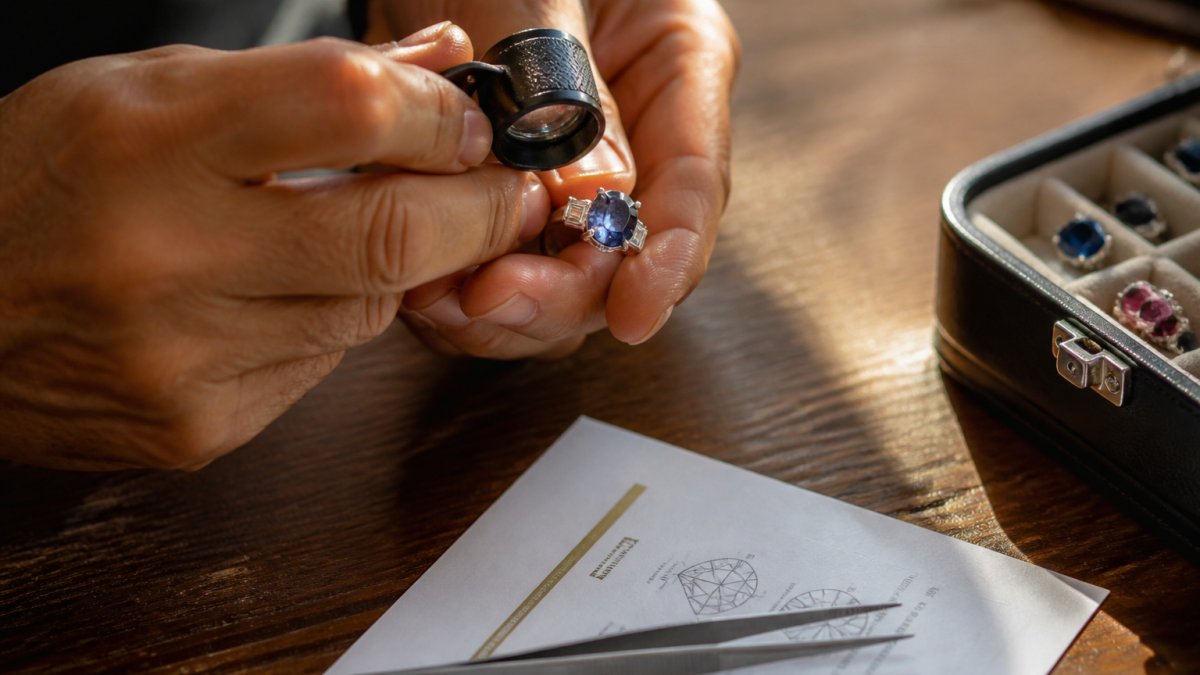 Collector's hands examining a vibrant sapphire ring under natural light with a magnifying loupe and GIA certification document on a wooden surface