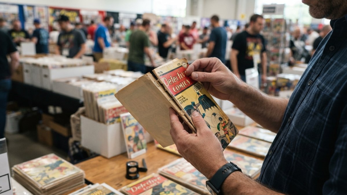 Hands carefully inspecting a vintage comic book, examining the spine, cover edges, and interior pages under natural lighting in a bright marketplace setting