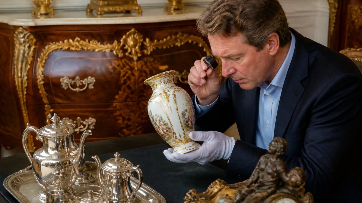 Professional conservator examining an 18th-century porcelain vase with gilt decoration under museum lighting, using magnifying glass to inspect hand-painted details