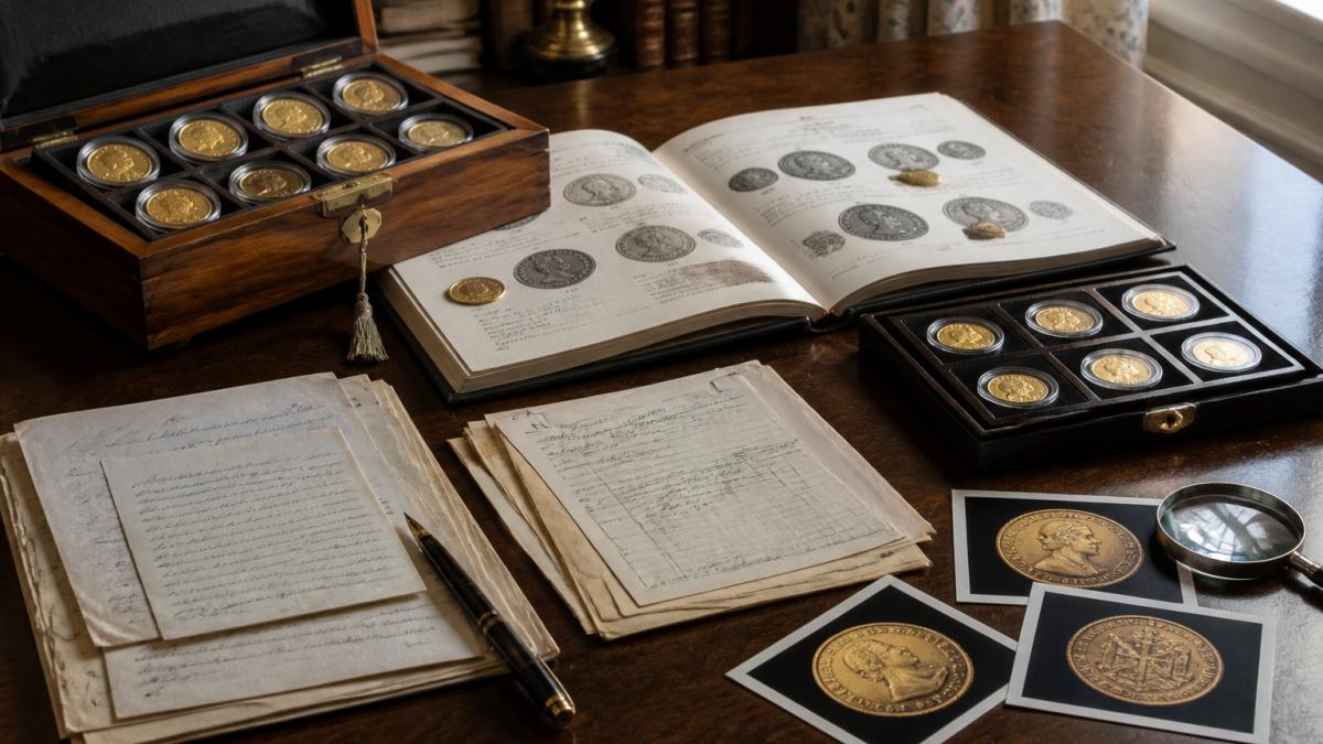 Professional collector's desk displaying rare gold coins, historical auction catalogues, handwritten letters, invoices, and high-quality close-up coin photographs arranged with natural lighting