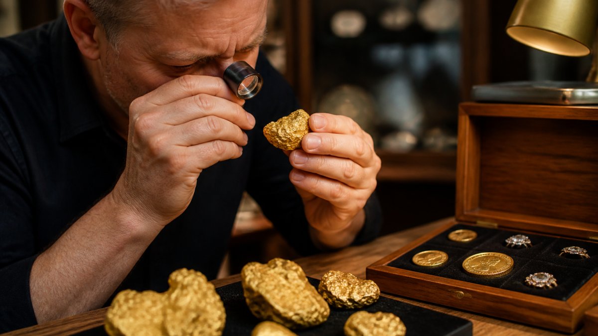 Professional jeweller examining natural gold nugget under magnifying glass with proper lighting, showing surface texture and natural formations in detail