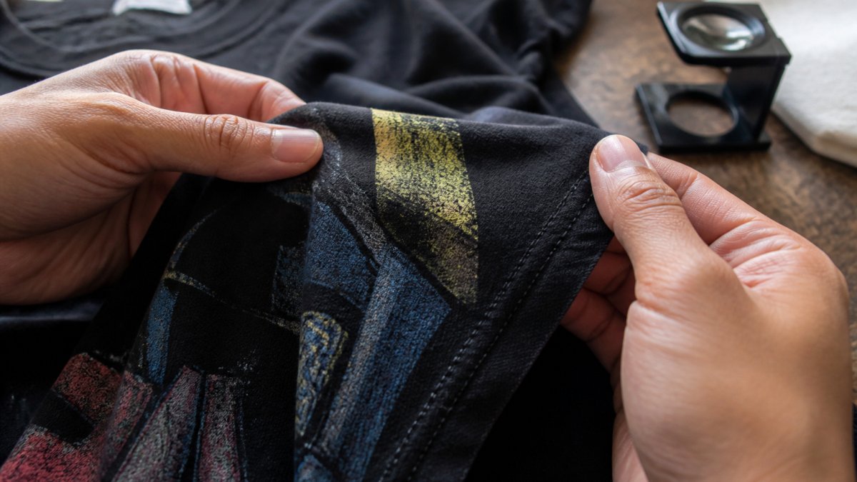 Close-up of hands examining a vintage graphic tee, showing print detail, fabric texture, and stitching quality under natural light