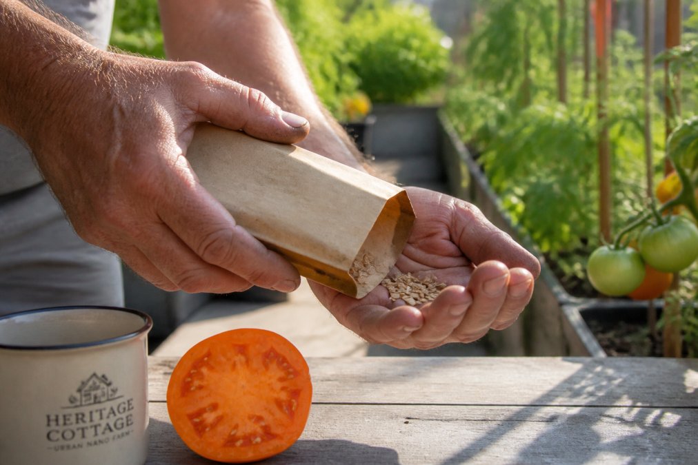 Weathered hands holding open a vintage seed packet with heirloom tomato seeds spilling into palm, garden rows softly blurred in morning light behind