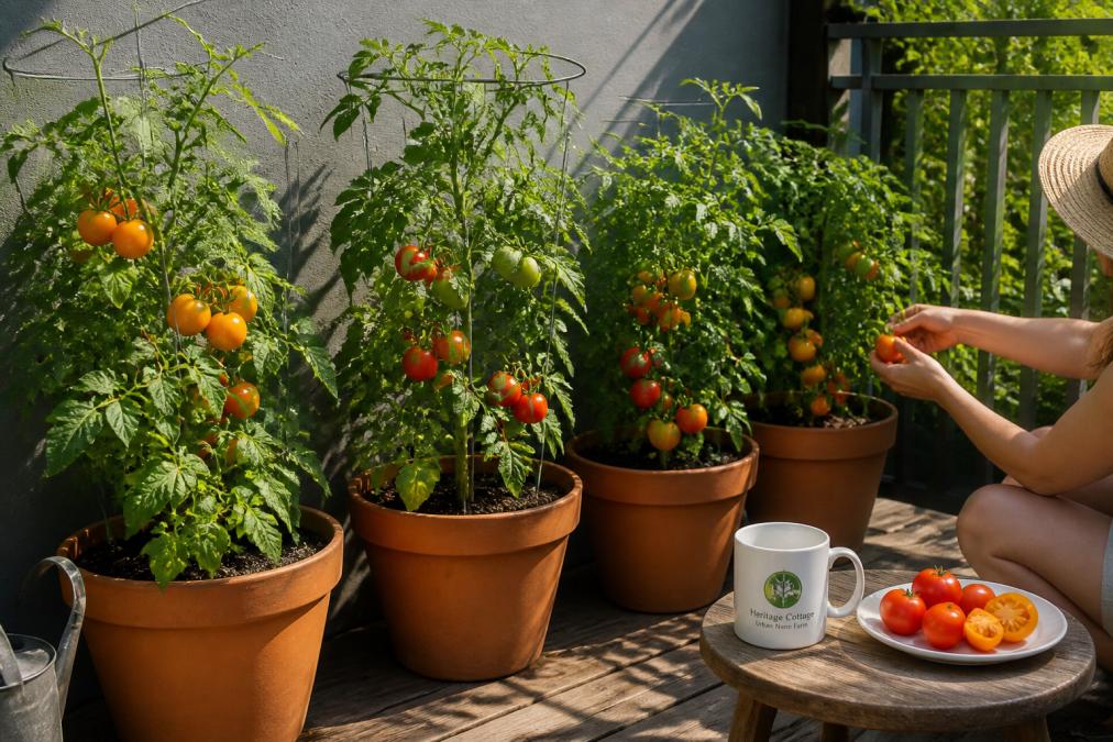 Sunny patio with five terra-cotta containers holding young heirloom tomato plants, ripe orange and red tomatoes visible on compact vines, green foliage dense and healthy