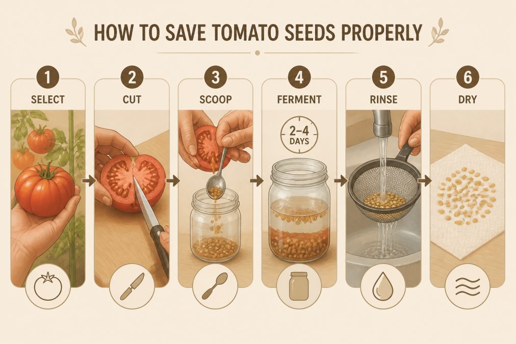 Close-up hands demonstrating seed saving process: ripe heirloom tomato cut open, seeds being scooped into a glass jar with water, showing the fermentation stage