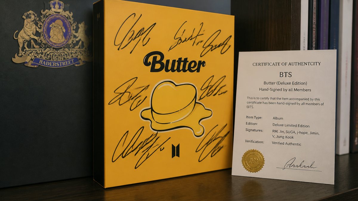 Close-up of a hand-signed BTS Butter Deluxe album cover resting on a dark wooden collector's shelf, with a printed Certificate of Authenticity card placed beside it and soft gallery lighting