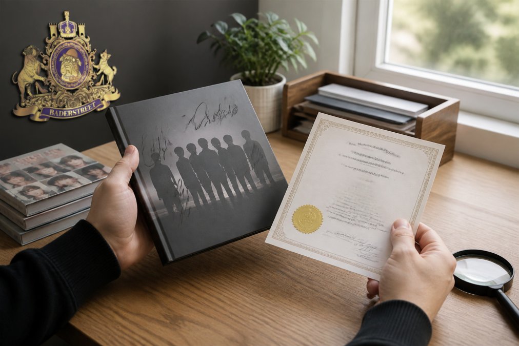 A collector's hands holding a hand-signed K-pop album next to its printed Certificate of Authenticity on a wooden desk, with soft daylight from a window
