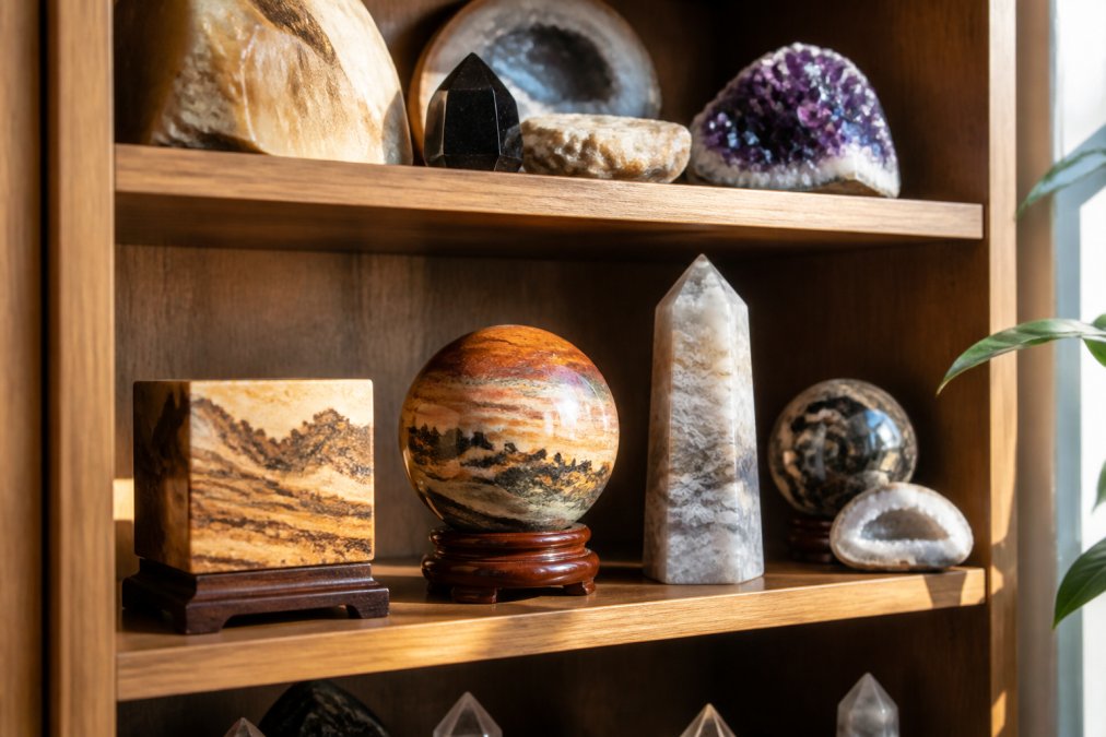 A well-lit wooden display shelf in a collector's home showing a curated arrangement of polished mineral specimens, including a picture jasper cube, a scenic jasper sphere, and a tall lace agate tower, with soft afternoon light catching the polish and color banding