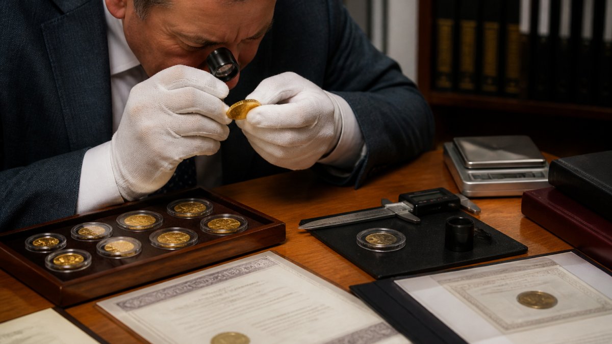 Professional numismatist examining rare gold sovereign coin under magnifying glass with certification documents, grading tools, and precision scale on wooden desk in well-lit workspace