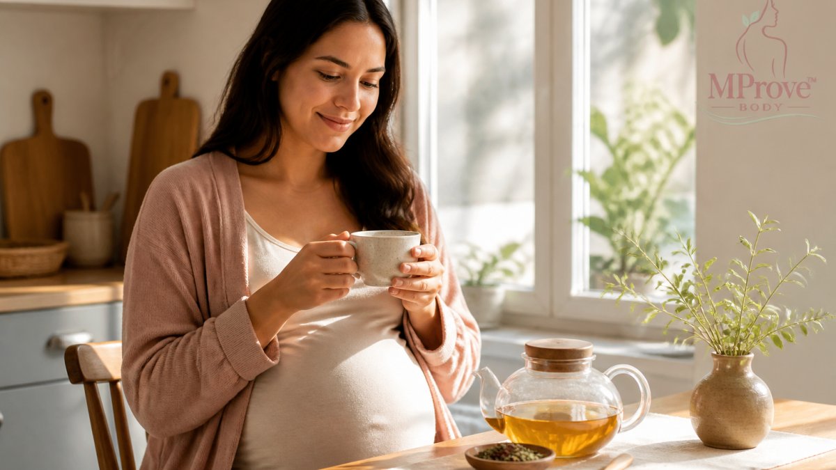A pregnant woman sitting comfortably in a bright, sunlit kitchen, holding a warm cup of herbal tea with both hands, a small teapot and loose dried herbs on the table beside her
