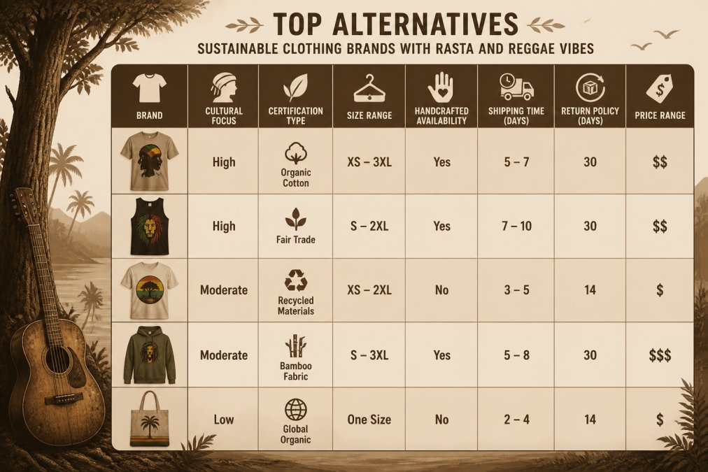 Detailed comparison matrix showing Brand name, Cultural focus (High/Moderate/Low), Certification type, Size range, Handcrafted availability (Yes/No), Shipping time (days), Return policy (days), Price range