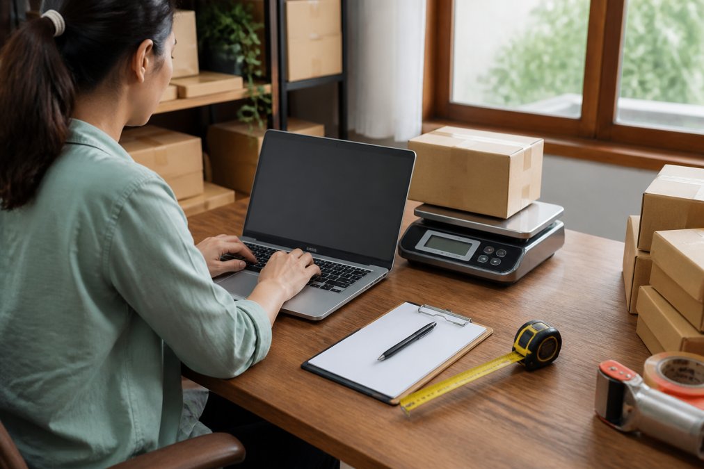 E-commerce business owner at desk with laptop displaying shipping calculator interface, package scale and measuring tape visible on wooden desk surface with natural window lighting