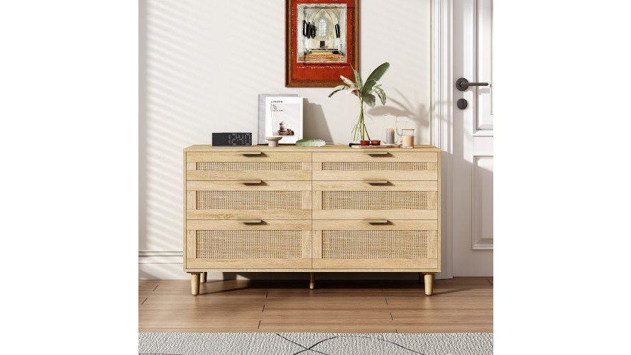 Rattan Dresser With Drawers, 6 Drawer Dresser For Bedroom, Clothes Storage Cabinet For Bedroom, Metal Handle&Wood Legs For Hallway, Living Room, Bedroom,Natural