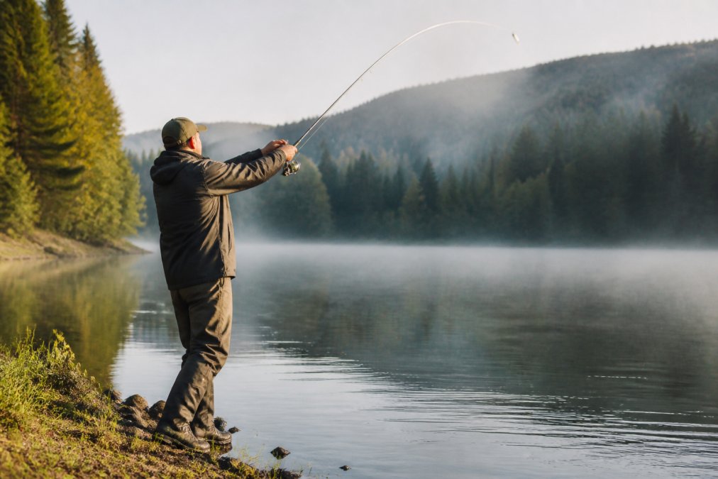 Ein Angler in wasserfester Kleidung steht am Ufer eines ruhigen Stausees im Waldviertel und wirft seine Rute aus, im Hintergrund bewaldete Hügel und sanfter Morgennebel, die Rute ist gespannt, Fokus auf der Wurfbewegung