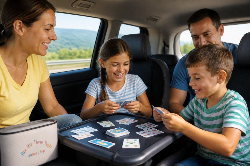 Family playing a compact card game together in a car during a road trip, with game cards visible on a travel tray and children engaged in gameplay