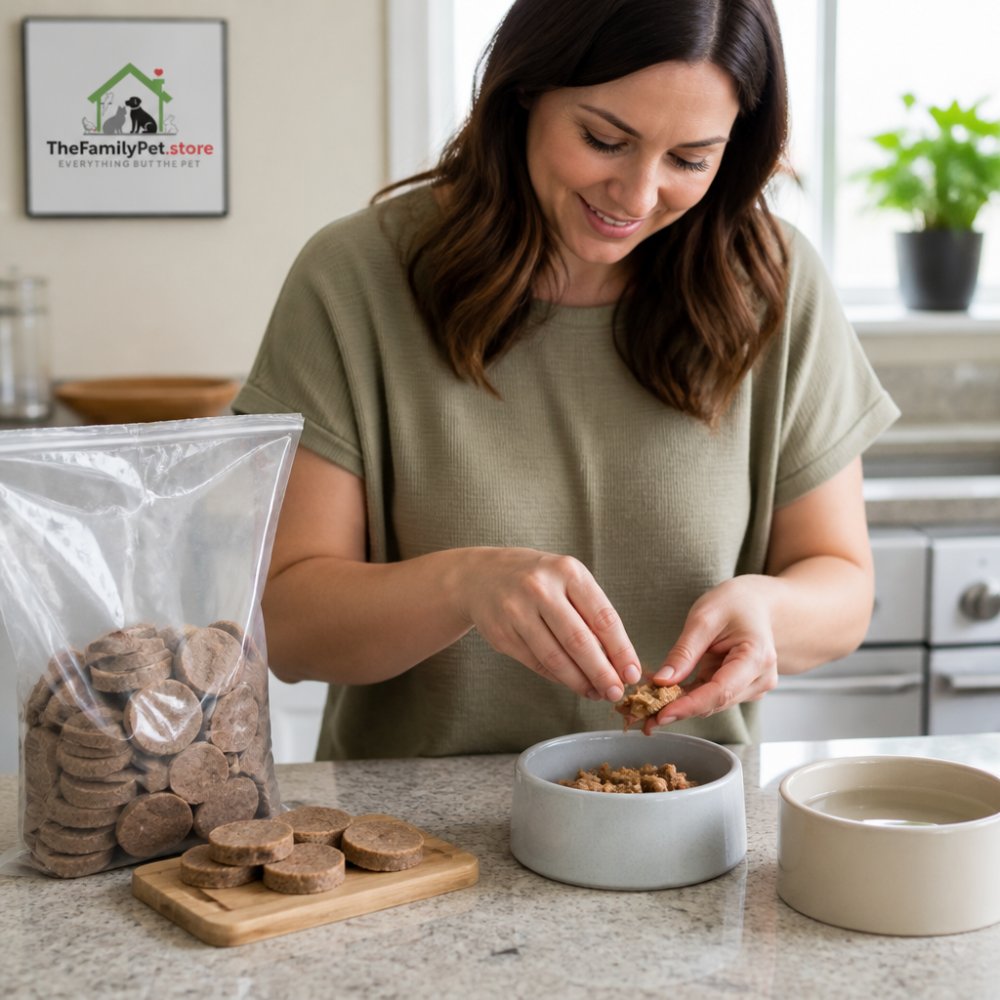 A cat owner in a bright home kitchen crumbling freeze-dried raw mini patties into a ceramic cat bowl, with a bag of raw cat food and a water bowl on the counter nearby