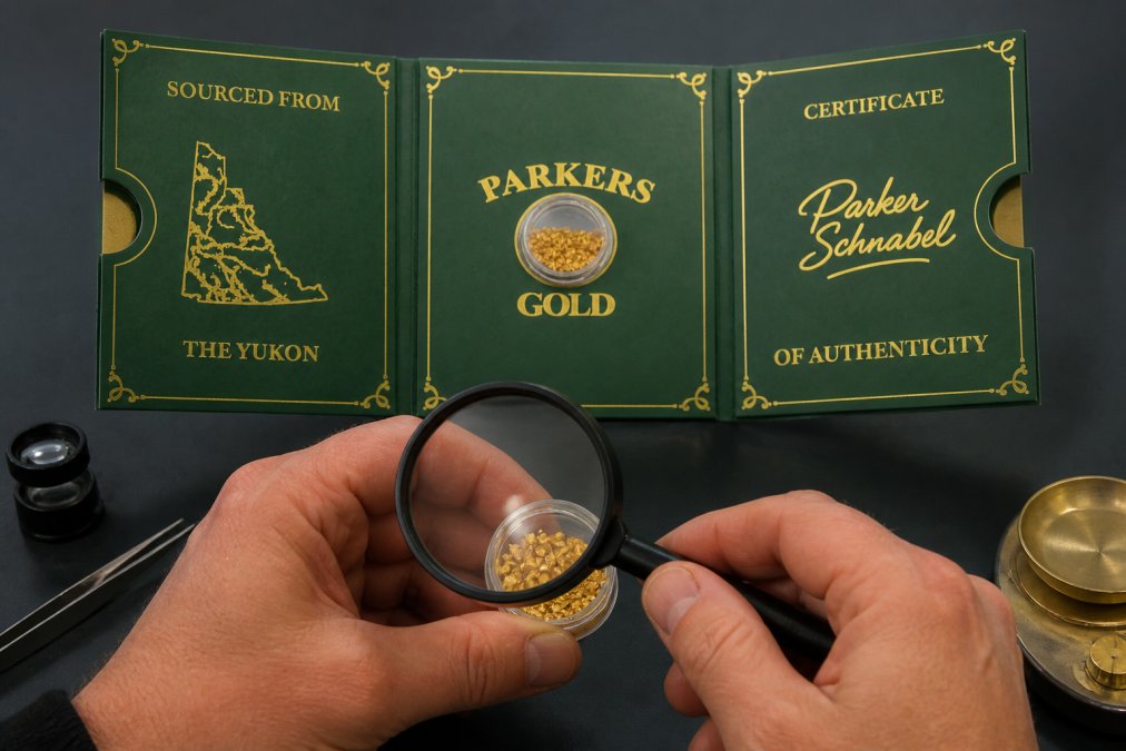 Close-up of hands holding a magnifying glass examining raw gold flakes in a clear vial against a neutral background, demonstrating microscopic inspection technique under natural lighting