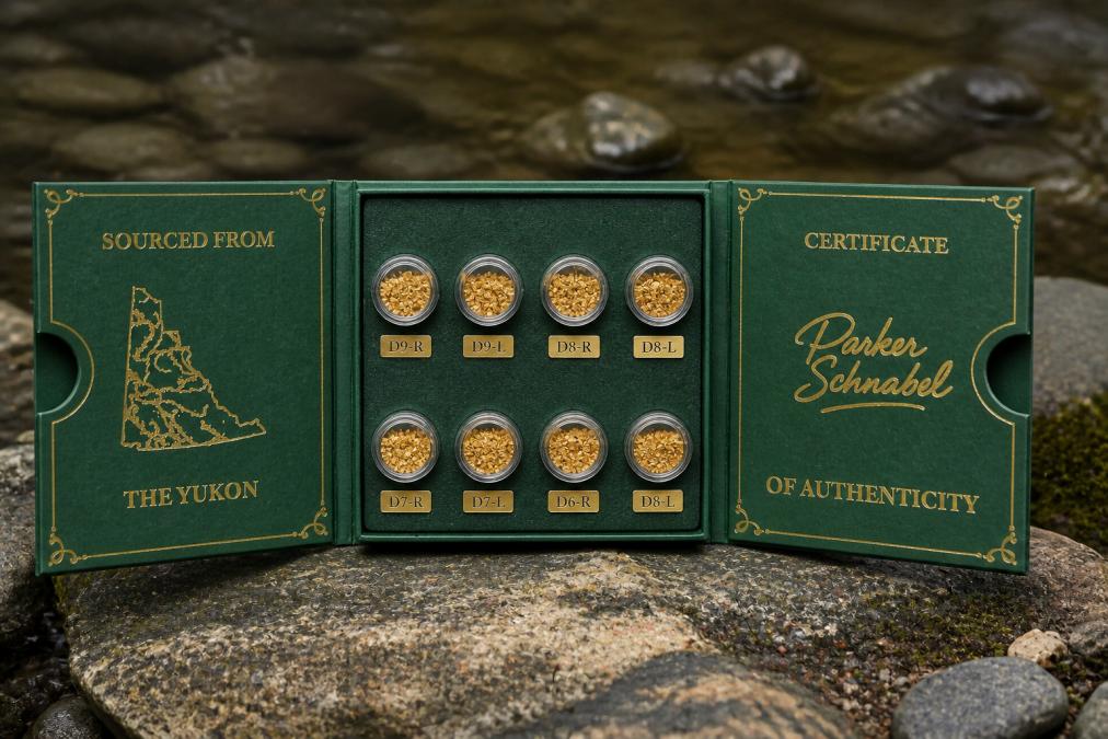 Handcrafted tri-fold display case opened to show raw placer gold flakes arranged in individual compartments with small labels, with natural lighting highlighting the gold's luster and specimen quality