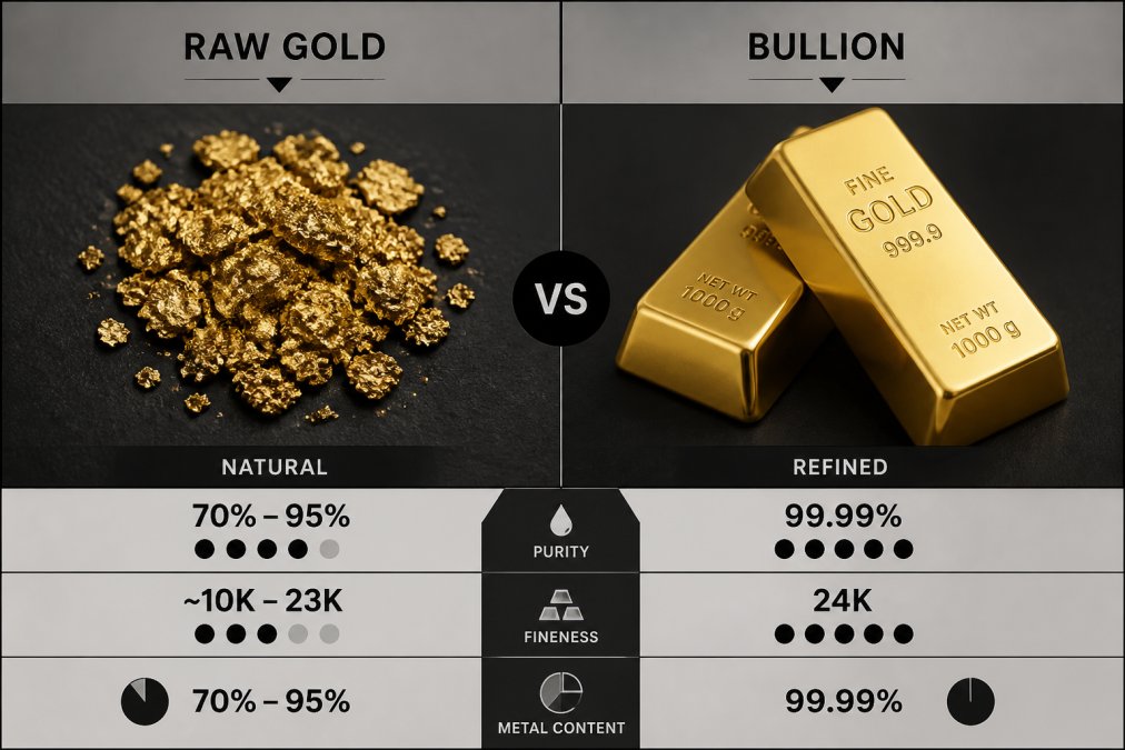 Close-up of raw gold flakes and refined gold bars side by side on a dark surface, showing texture and color differences, natural lighting highlighting the contrast