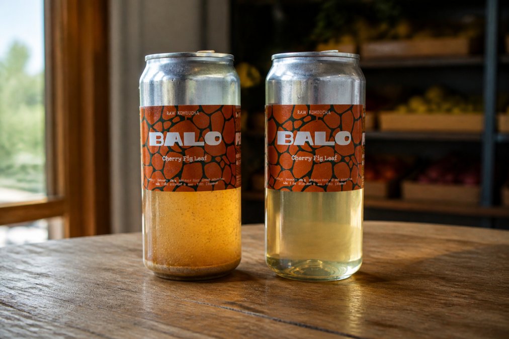 Close-up of a raw kombucha bottle with visible cloudiness and sediment particles suspended throughout, positioned next to a crystal-clear pasteurized kombucha bottle on a wooden surface, natural window lighting