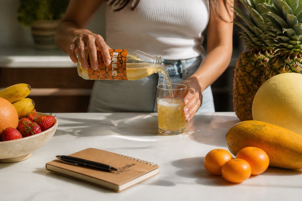 Person pouring a 12-ounce serving of raw kombucha from a glass bottle into a clear drinking glass at a kitchen counter, with fresh fruit and a wellness journal visible nearby, natural morning light
