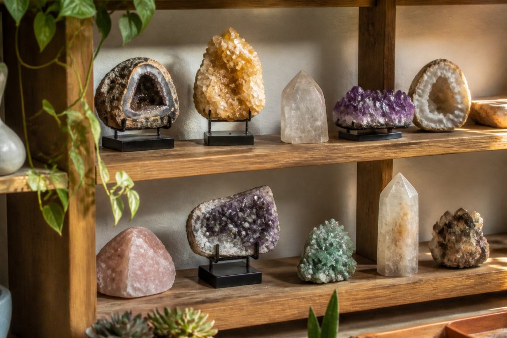 A styled home shelf displaying raw crystal clusters, geodes, and mineral specimens arranged at varying heights with soft natural lighting creating shadows and highlighting translucent stones