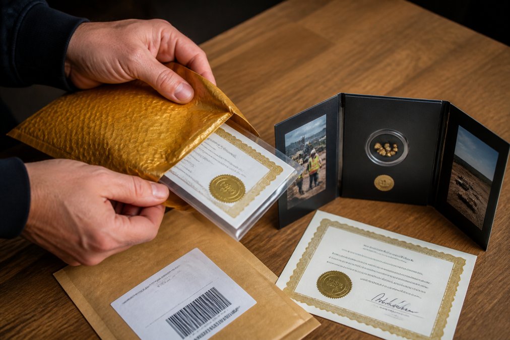 Hands carefully opening a sealed gold package with official Certificate of Authenticity and handcrafted tri-fold display case visible, with signature confirmation paperwork and tracking label on wooden surface