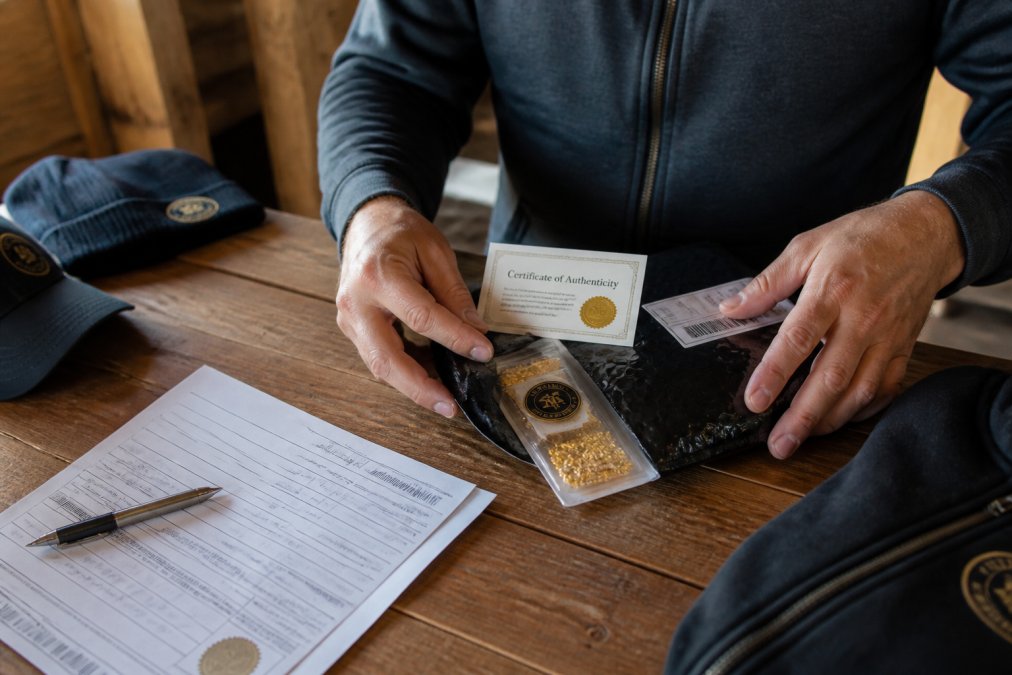 Hands carefully opening a sealed gold package with official Certificate of Authenticity and tracking label visible, signature confirmation paperwork spread on wooden desk with natural lighting