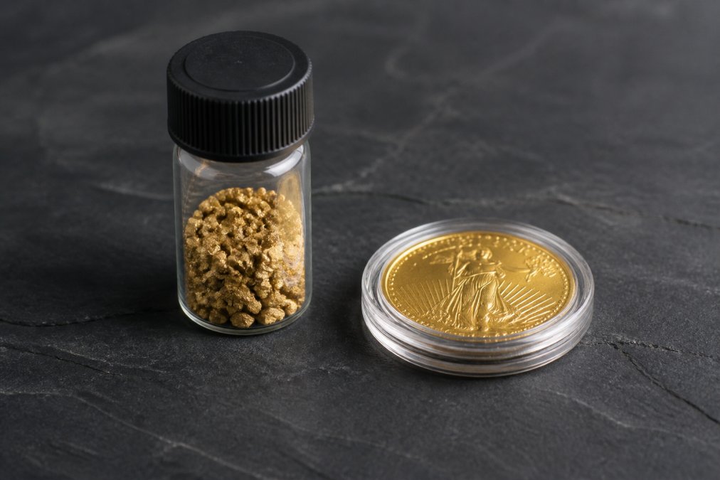 Close-up of raw placer gold flakes in a small glass vial sitting beside a sealed, minted gold coin on a dark slate surface with soft directional lighting