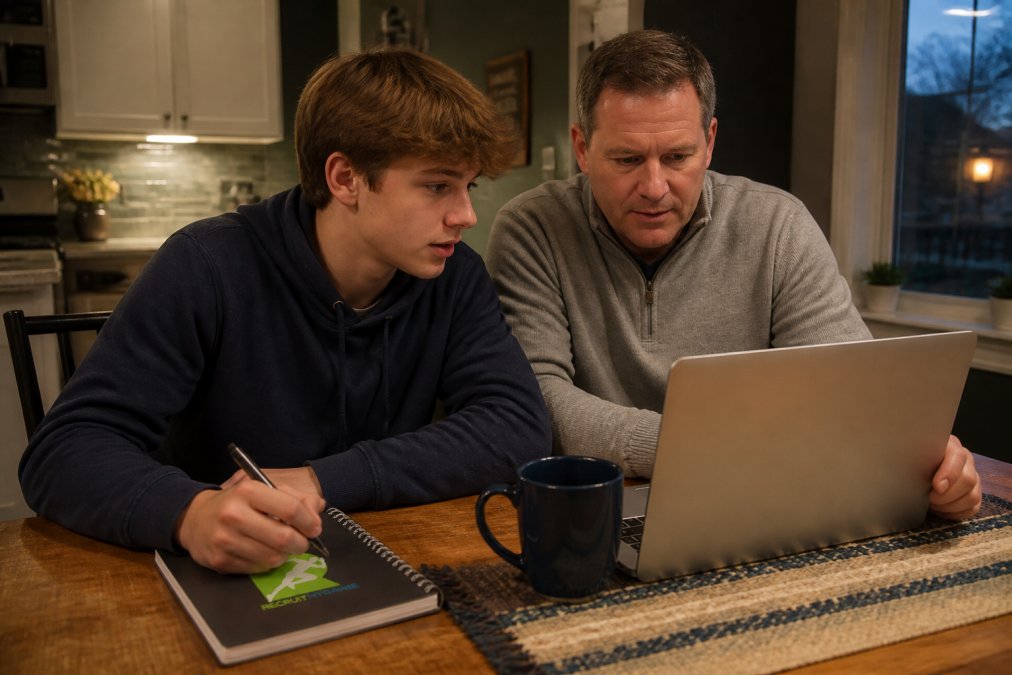 A high school student-athlete sitting at a kitchen table with a parent, both looking at a laptop screen showing a college recruiting profile dashboard, with a notebook and pen nearby, warm evening lighting