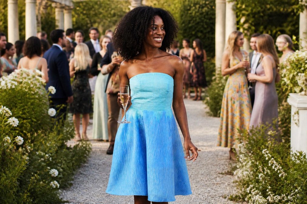 Woman wearing a vibrant African-inspired print dress at an outdoor garden wedding, styled with minimal jewelry and natural makeup and soft natural lighting