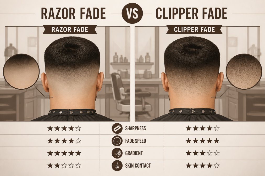 Side-by-side view of the back of two men's heads in a barber shop: one with a razor-sharp, fully bald skin fade showing smooth scalp, the other with a softer, clipper-blended fade showing fine stubble