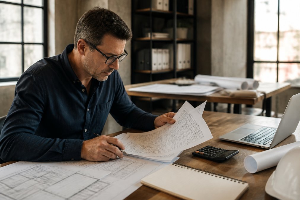 Professional real estate developer reviewing construction blueprints and loan documents at wooden desk with laptop displaying loan application portal and financial spreadsheets