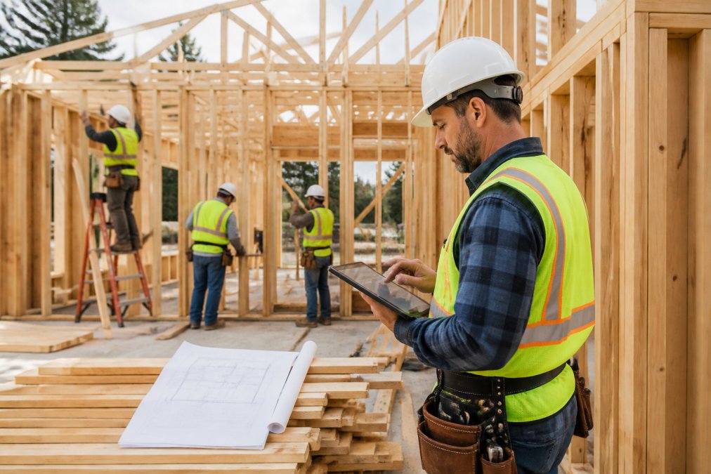 Active construction site with multiple workers installing framing, general contractor reviewing progress notes on digital tablet while standing near wooden frame structure with blueprints visible in background