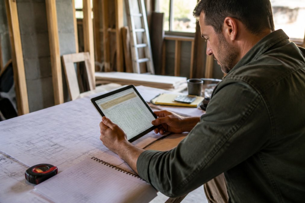 Real estate investor reviewing renovation budget spreadsheet and contractor estimates on tablet at a construction site desk with blueprints and project timeline visible