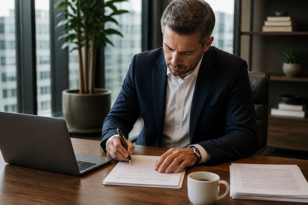 Professional real estate investor signing loan documents at a desk with laptop, closing statement, and coffee while reviewing finalized paperwork under office lighting